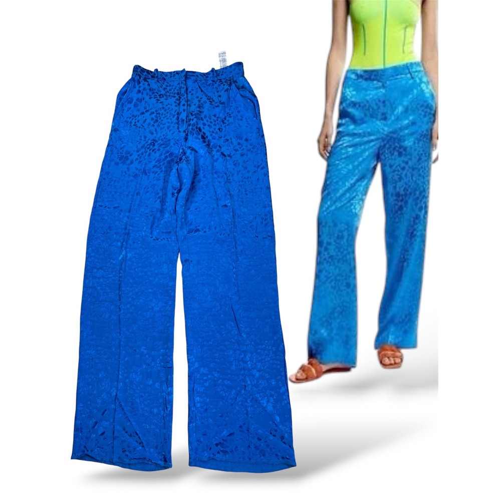 Zara Blue Jacquard Animal Print High Waisted Wide Leg Pants Trousers Size S